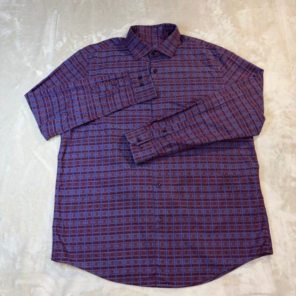 Tasso Elba Mens Large Cotton Button Down Shirt Burgundy Blue Geometric Grid L/S